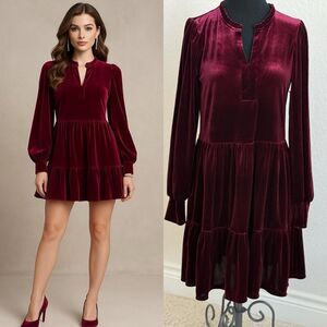 1.STATE Women’s S Velvet Ruffle Knee Length Long Sleeve Dress Romantic Y2K Sexy